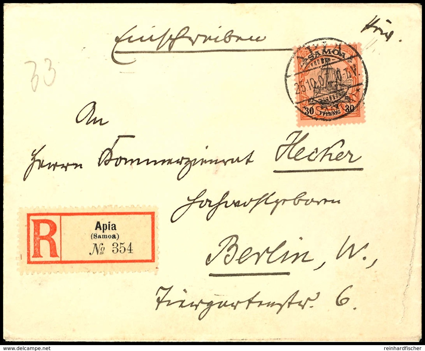 30 Pfg Kaiseryacht, Einzelfrankatur Auf R-Brief Von "APIA 25.10." Nach Berlin Mit Rücks. Ank.-Stempel 6 12 07, Rückseiti - Samoa