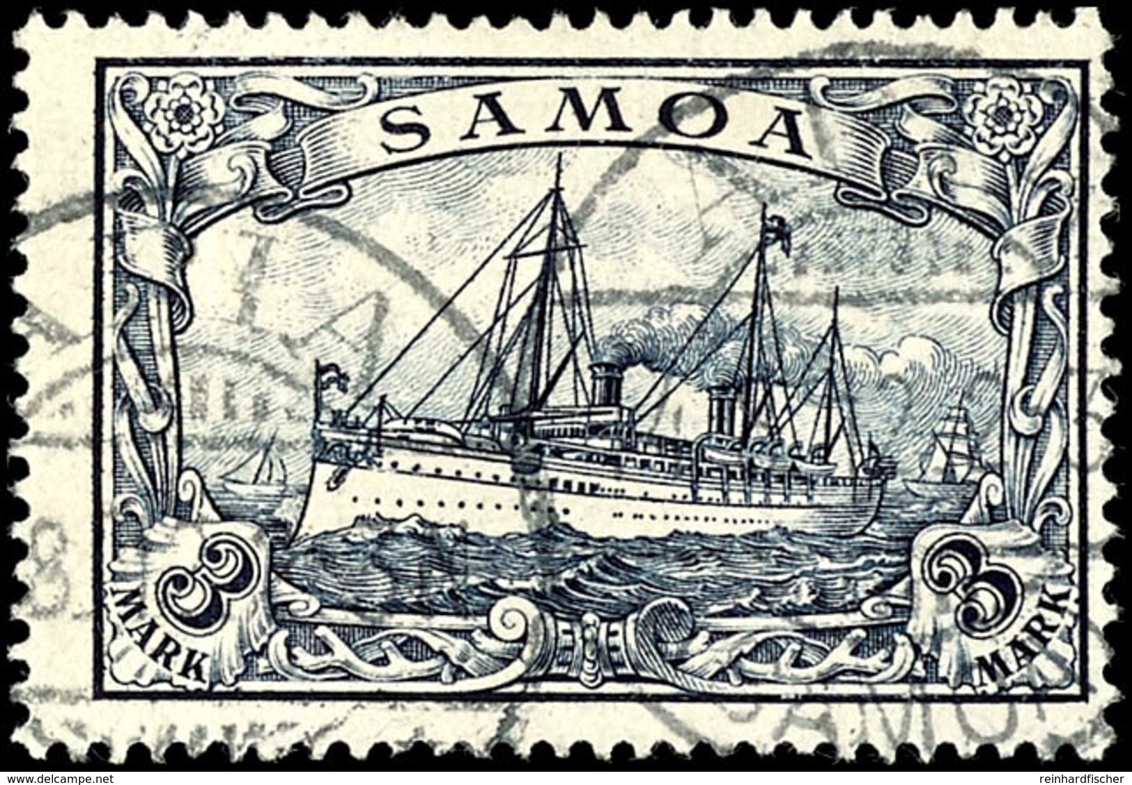 3 Mark Kaiseryacht, Tadellos, Gestempelt "APIA", Geprüft Pfenninger, Michel 170,-, Katalog: 18 O - Samoa