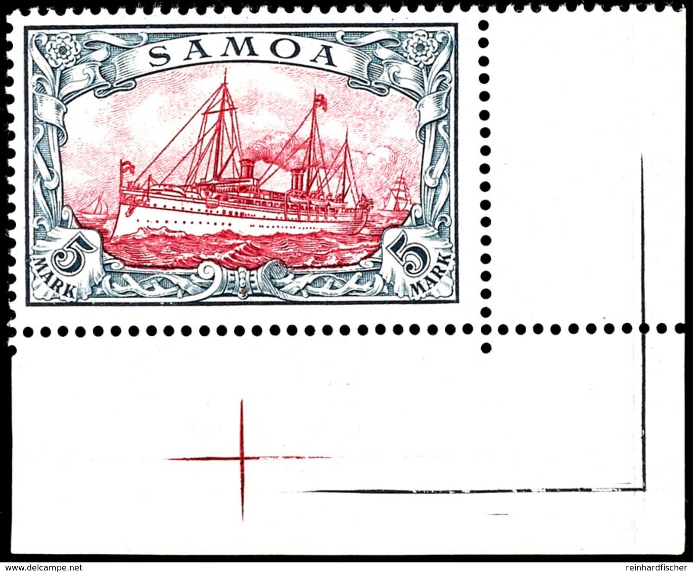 5 Mk Kaiseryacht, Farbfrische, Rechte Untere Luxus-Bogenecke Mit Passerkreuz Und Eckwinkel, Ungebraucht Mit Originalgumm - Samoa