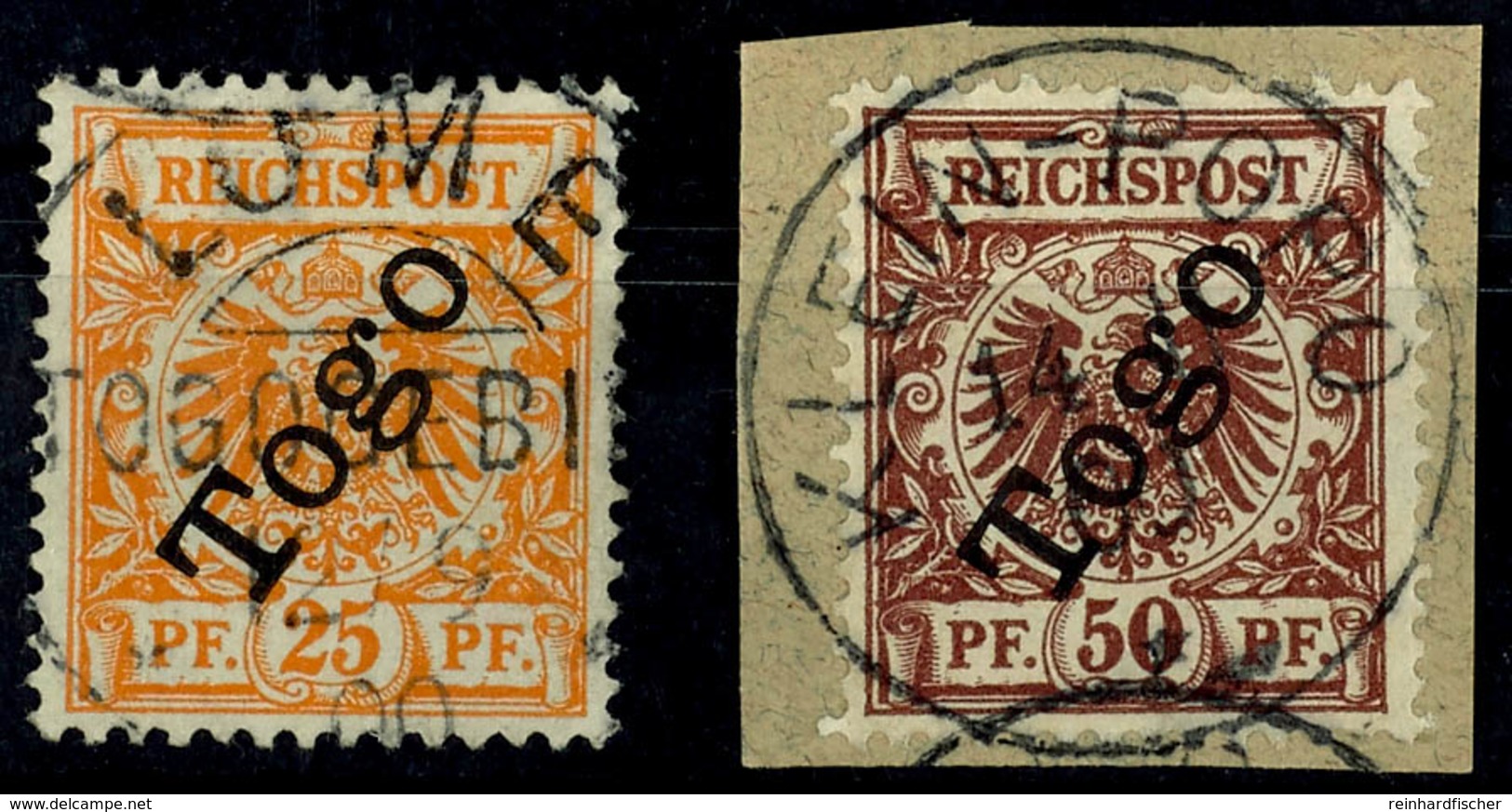 25 Und 50 Pfennig Krone/Adler, Gestempelt Beziehungsweise Briefstück Mit Stempeln "LOME TOGOGEBIET" Und "KLEIN-POPO", Ta - Togo