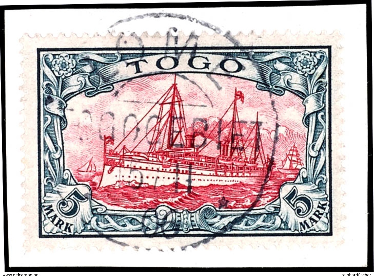 5 Mark Kaiseryacht, Luxusbriefstück, Zentraler Vollständiger Stempel "LOME TOGOGEBIET", Attest Steuer BPP, Michel 600,-, - Togo