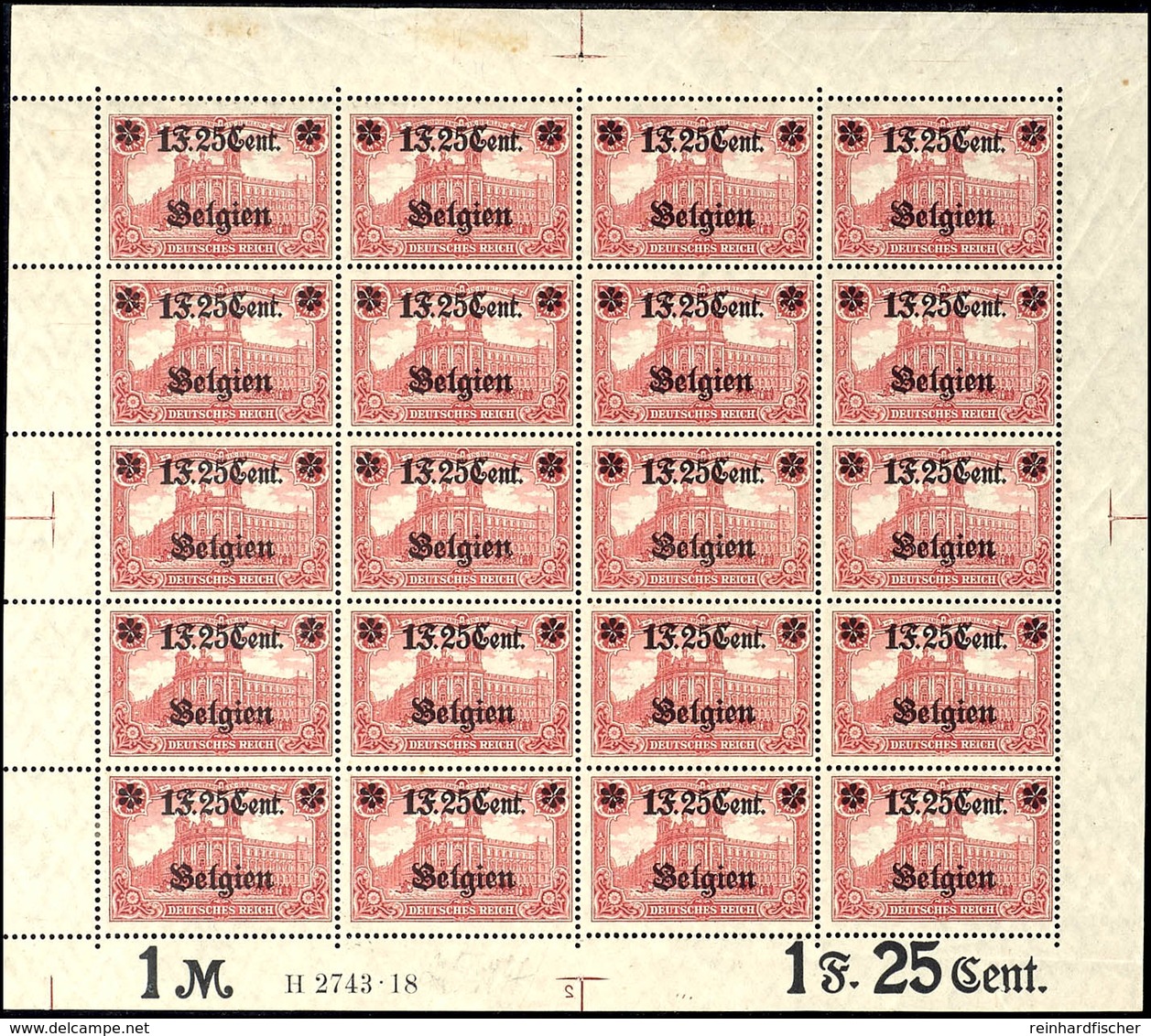 1 Franc 25 C. Auf 1 Mark, Zähnung 25:17, Postfrischer Originalbogen Mit HAN 2743.18 Und Spiegelverkehrter Platte Nr.2, A - Autres & Non Classés