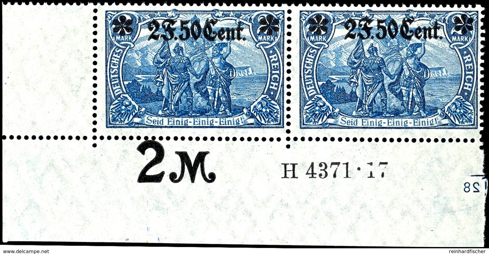 2 F. 50 C. Auf 2 M. Deutsches Reich Dunkelkobalt, Waagerechtes Paar Mit Linker Unterer Bogenecke Und HAN "H 4371.17", Ta - Sonstige & Ohne Zuordnung