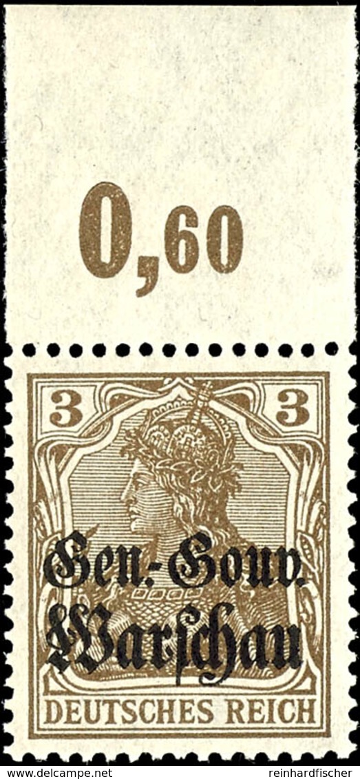 3 Pfg Germania Mit Aufdruck, Aufdruck Matt, Oberrandstück, Plattendruck, Tadellos Postfrisch, Gepr. Hey BPP, Mi. 80.-, K - Andere & Zonder Classificatie