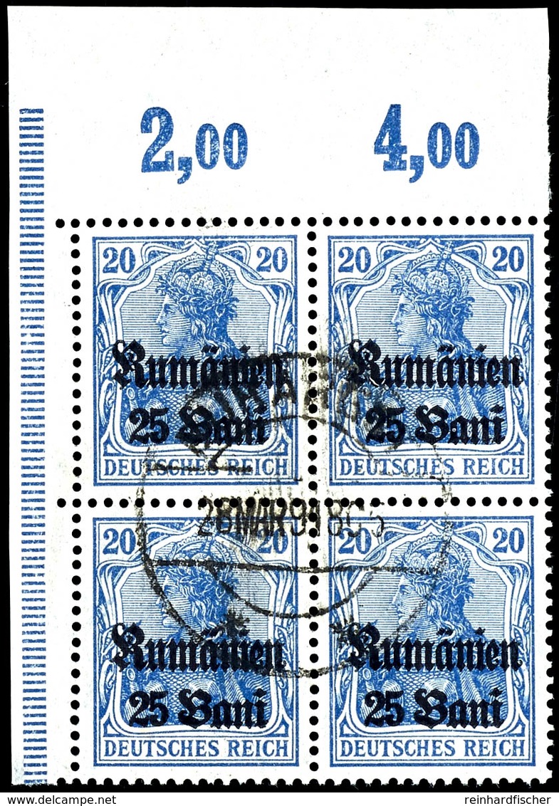 25 Bani Auf 20 Pfennig Dunkelultramarin, Gestempelter Viererblock Aus Der Linken Oberen Bogenecke, Zentrisch Gestempelt, - Romania