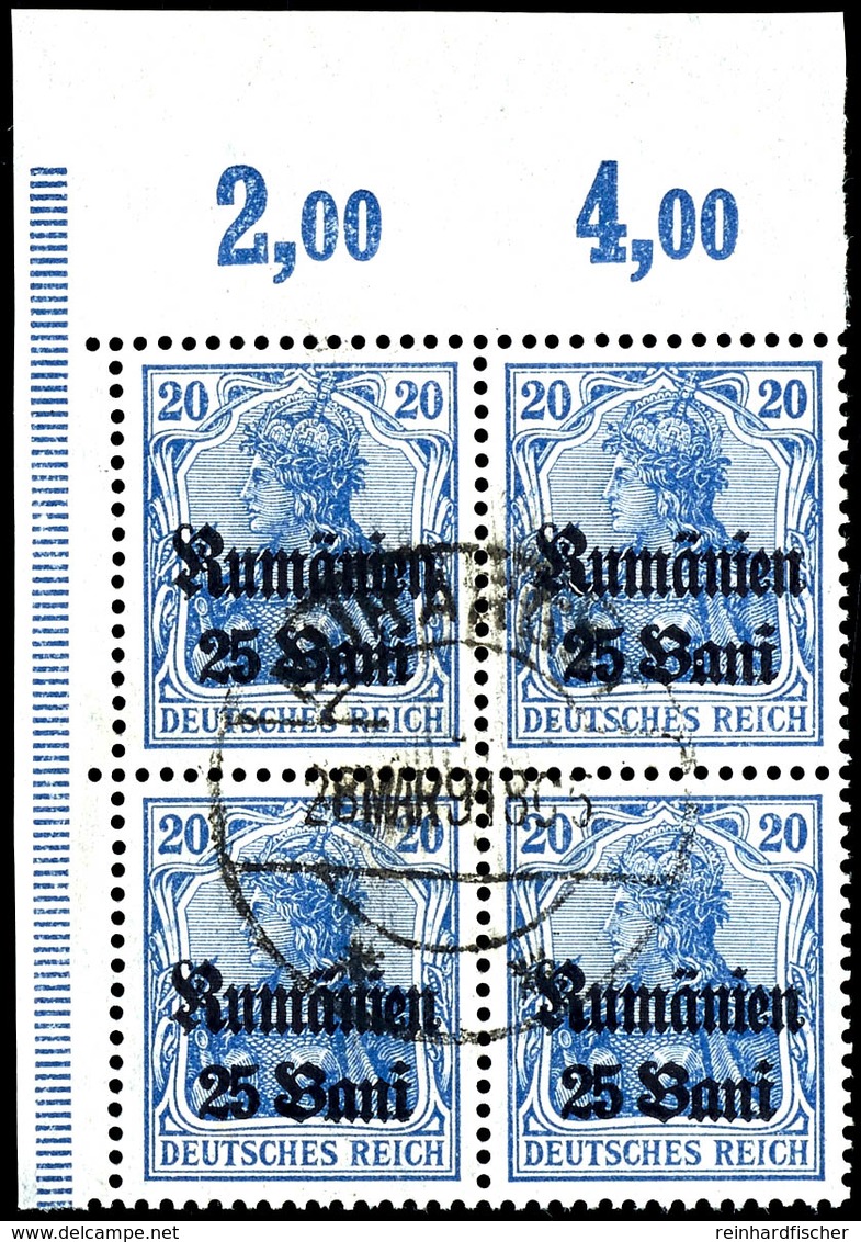 25 Bani Auf 20 Pfennig Dunkelultramarin, Gestempelter Viererblock Aus Der Linken Oberen Bogenecke, Zentrisch Gestempelt, - Rumänien