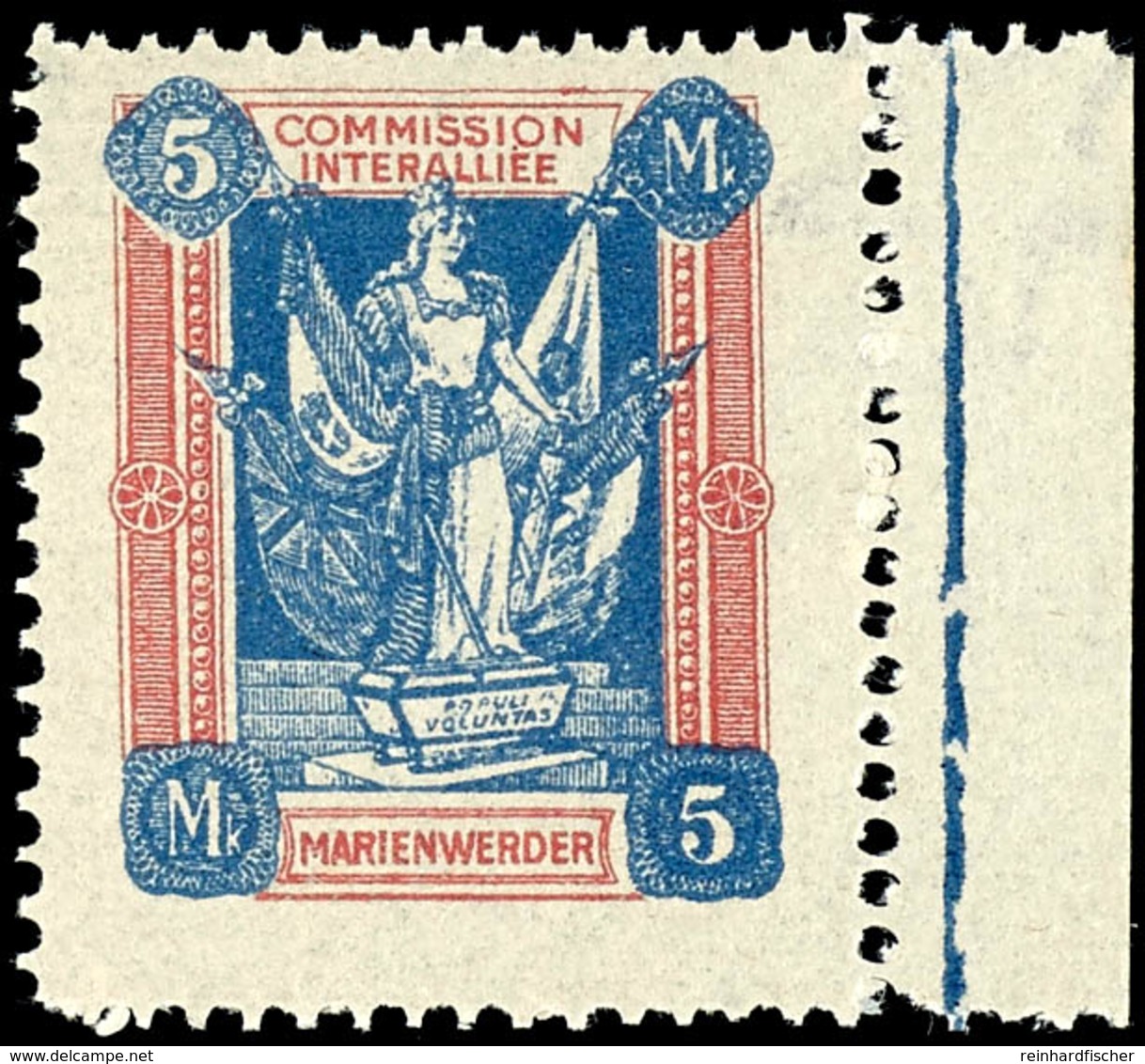 5 Mark Ultramarin/rot Frauengestalt, Postfrisch Vom Rechten Rand Mit Wasserzeichen "Stern", Geprüft Mikulski, Mi.300,-,  - Other & Unclassified