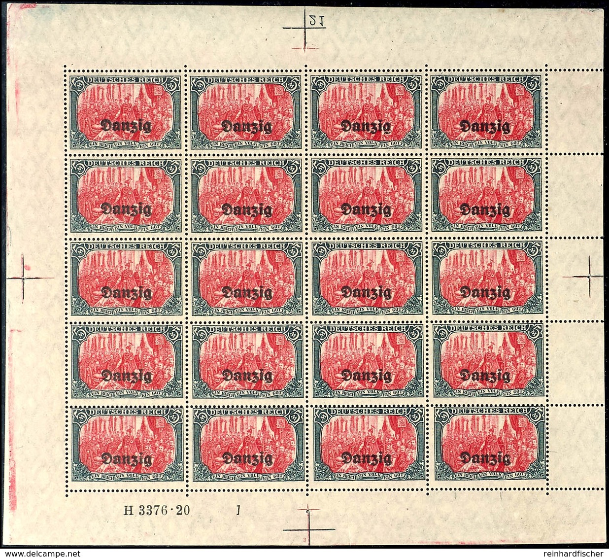 5 Mark, Originalbogen Mit HAN 3376.20, Platten Nr.1 Und Spiegelverkehrter Platte Nr.21, Mi.575,-, Katalog: 15(25) ** - Sonstige & Ohne Zuordnung