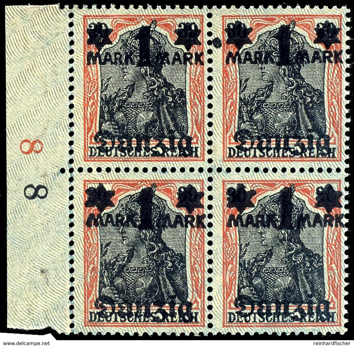 1 Mark Auf 30 Pfennig, Unterdruck Spitzen Nach Oben, Postfrischer Viererblock Vom Rechten Rand, Alle Marken Mit Abart "D - Altri & Non Classificati