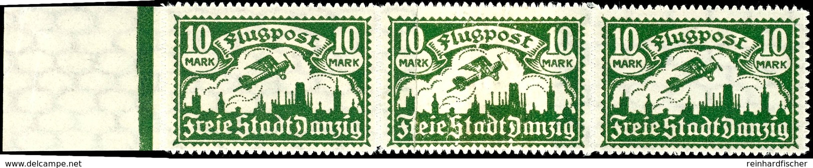 10  Mark Flugpostmarke, Waagerechter Postfrischer Dreierstreifen Vom Linken Rand, Mittlere Marke Mit Abart "geklebte Pap - Autres & Non Classés