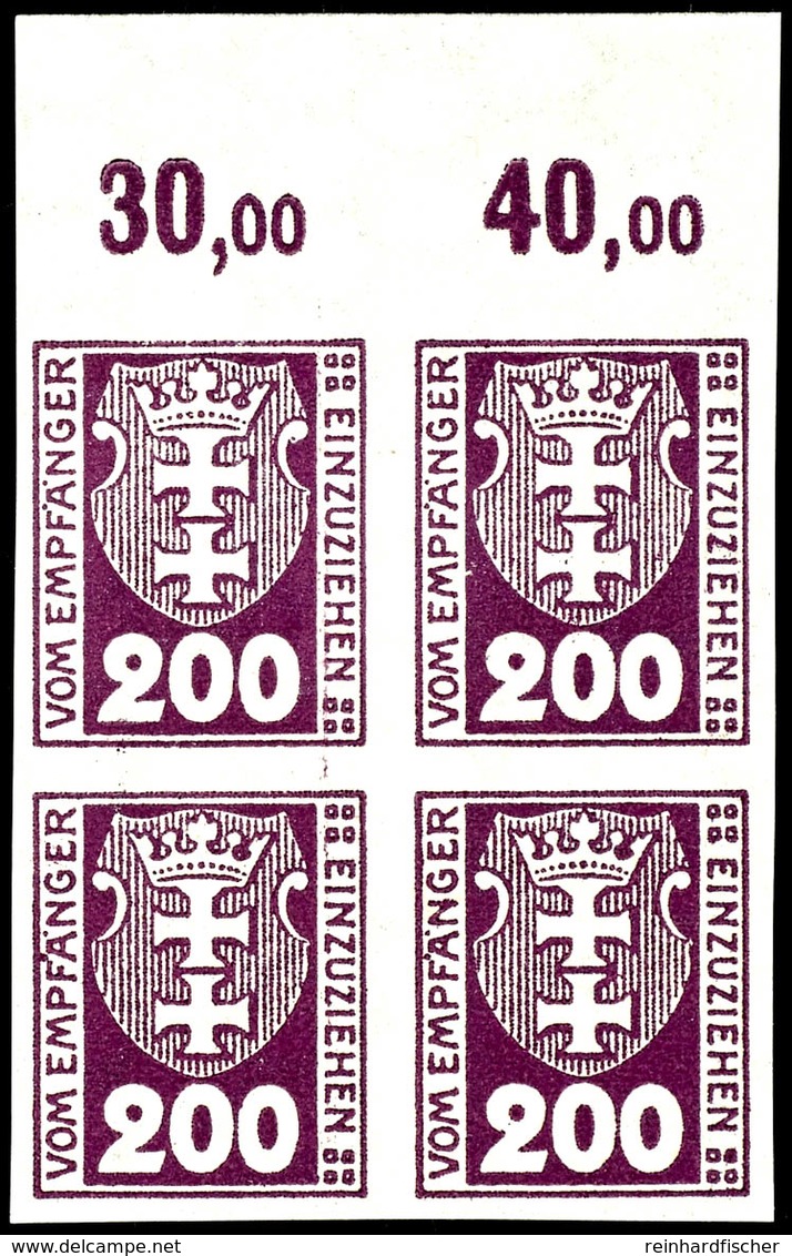 200 Pfennig Violettpurpur, Ungezähnt, Viererblock Vom Oberrand, Postfrisch Ohne Signatur, Mi.480,-, Katalog: 8U(4) ** - Autres & Non Classés