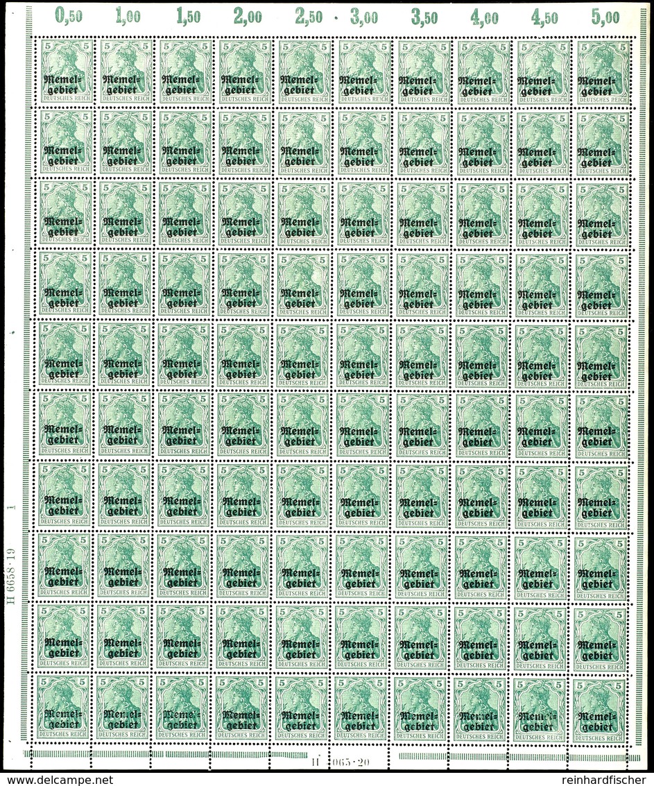 5 Pfennig Schwärzlichsmaragdgrün, Kompletter Postfrischer Originalbogen Mit Allen Rändern Im Plattendruck, Mit HAN-U 665 - Memelland 1923