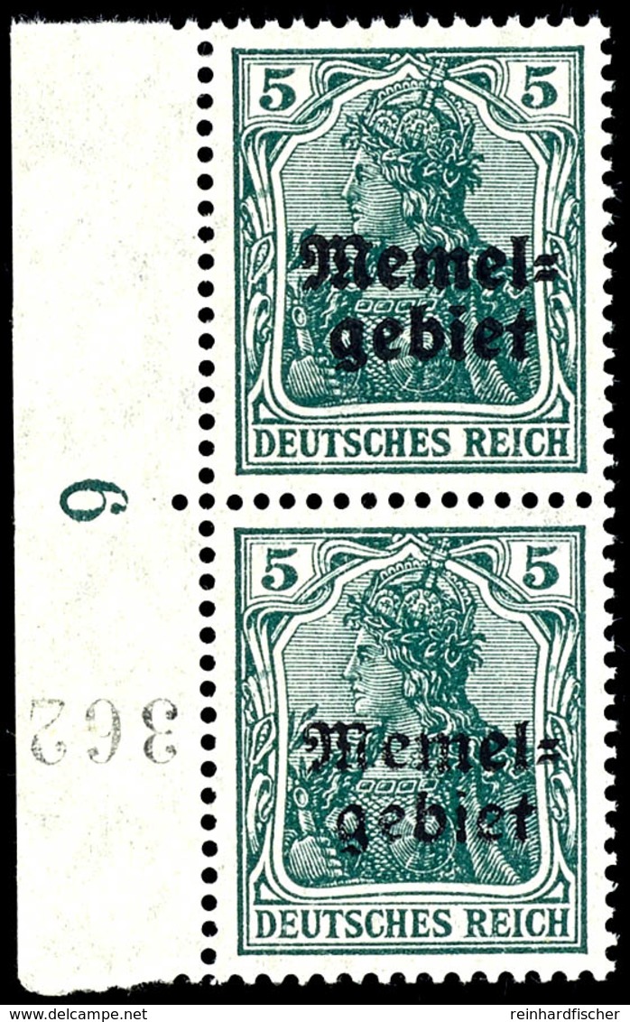 5 Pfennig Dunkelgraugrün Germania Mit Aufdruck, Paar Vom Linken Rand Aus Dem Rollenbahnbogen Mit Dreistelligem Bogenzähl - Memelland 1923