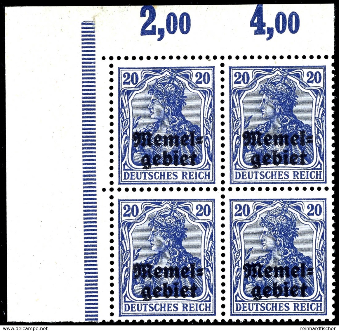 5 Pfennig Und 20 Pfennig Germania Mit Aufdruck, Jeweils Im Postfrischen Viererblock Aus Der Linken Oberen Bogenecke, Mi. - Memel (Klaipeda) 1923