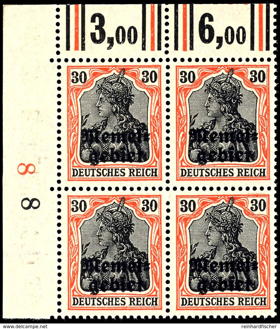 30 Pfennig Germania Mit Aufdruck, Papier Hellchromgelb, Postfrischer Viererblock Aus Der Linken Oberen Bogenecke, Walze, - Klaipeda 1923