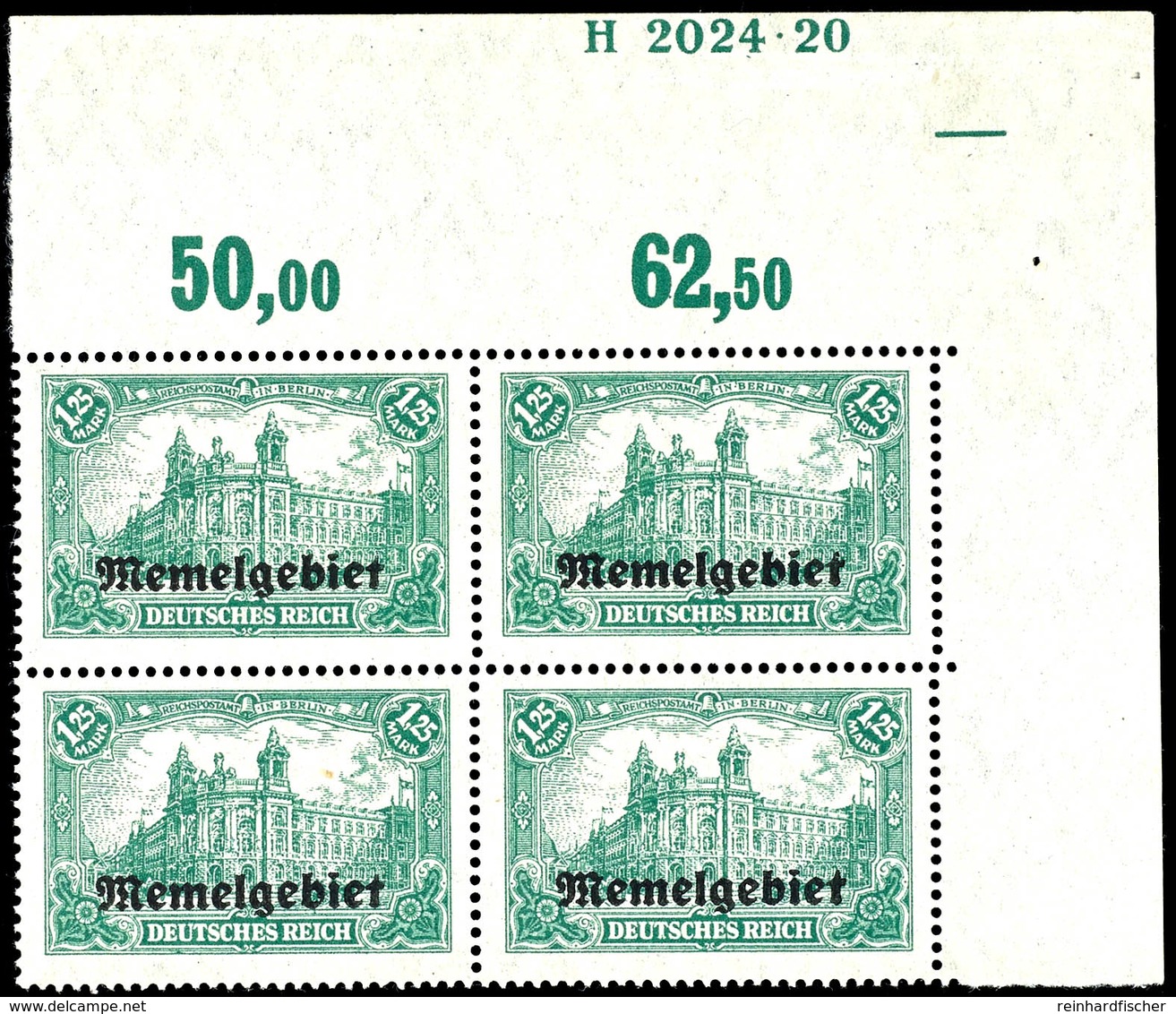 1,25 Mark Mit Aufdruck, Viererblock Aus Der Rechten Oberen Bogenecke Mit HAN-U 2024.20, Durch Bogenverschnitt Am Oberran - Memelgebiet 1923