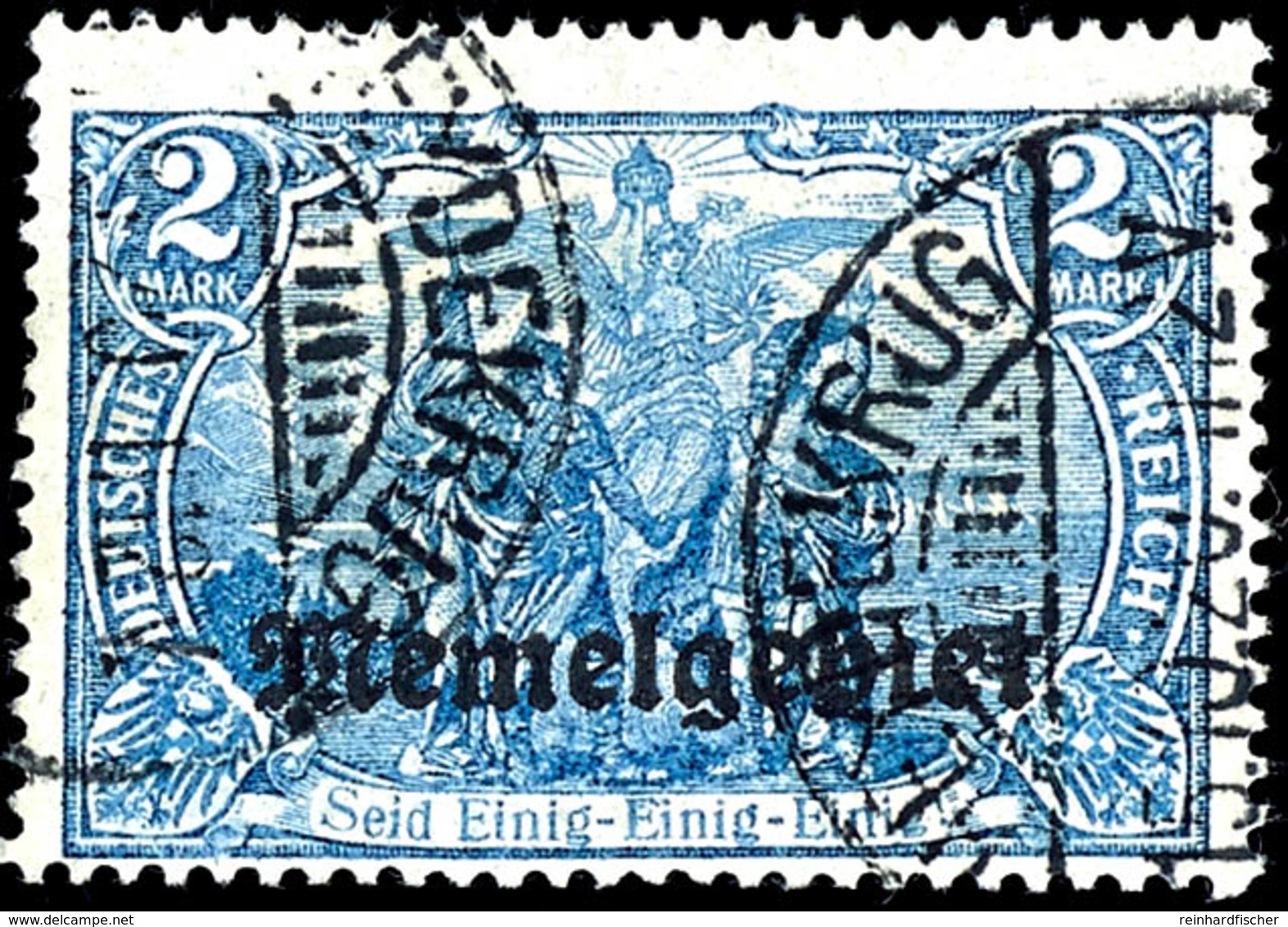 2 Mark Blau Mit Aufdruck, Zeitgerecht Gestempelt Mit Plattenfehler "Strich Im E Von Einig", Fotobefund Huylmans BPP "ech - Memelgebiet 1923