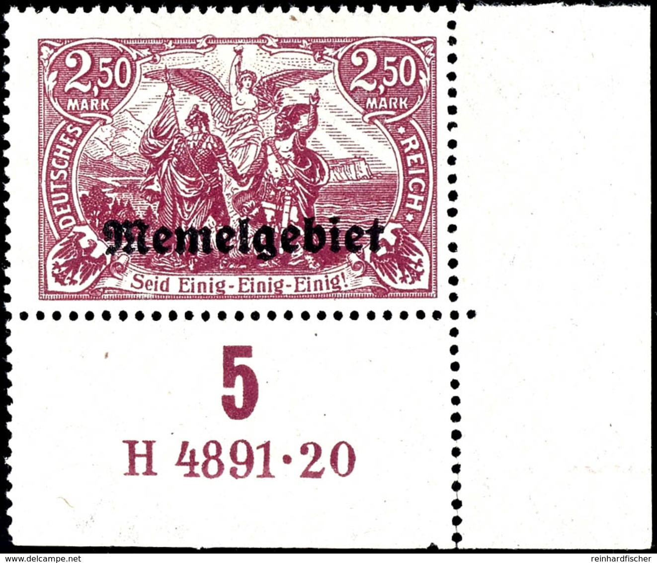 2,50 Mark Dunkelgraulila Mit Aufdruck, Postfrisch Aus Der Rechten Unteren Bogenecke, Dort Mit HAN-U 4891.20, Bestens Gep - Memel (Klaipeda) 1923