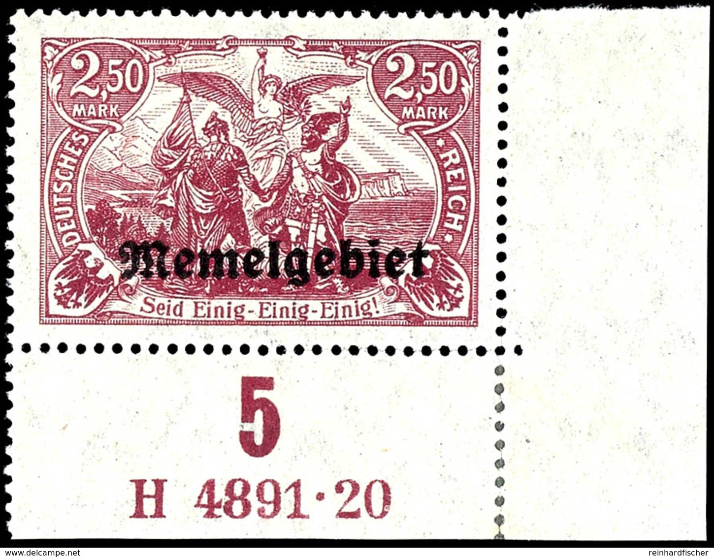 2,50 Mark Bräunlichlila Mit Aufdruck, Postfrisch Aus Der Linken Unteren Bogenecke (Falz Nur Im Rand), Dort Mit HAN-U 489 - Memel (Klaipeda) 1923