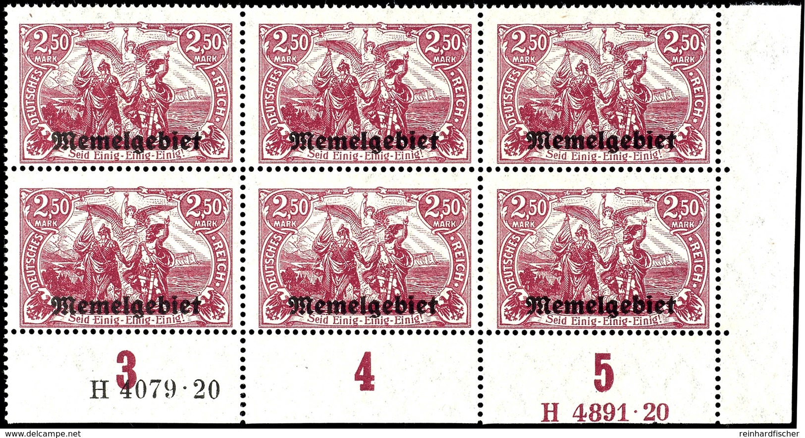 2,50 Mark Bräunlichlila Mit Aufdruck, Sechserblock Aus Der Rechten Unteren Bogenecke, Dort Mit HAN-A 4891.20 Und 4079.20 - Memelland 1923