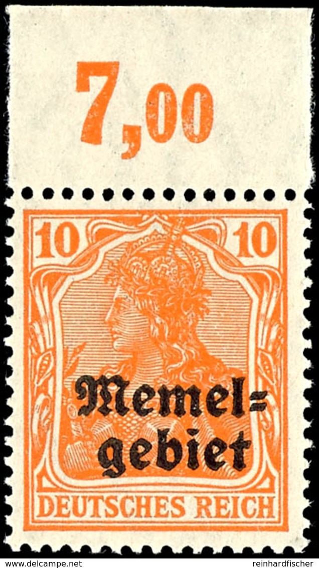 10 Pfennig Orange, Postfrisch Vom Oberrand, Kurzbefund Huylmanns BPP "echt, Einwandfrei", Mi.400,-, Katalog: 14POR ** - Memelland 1923