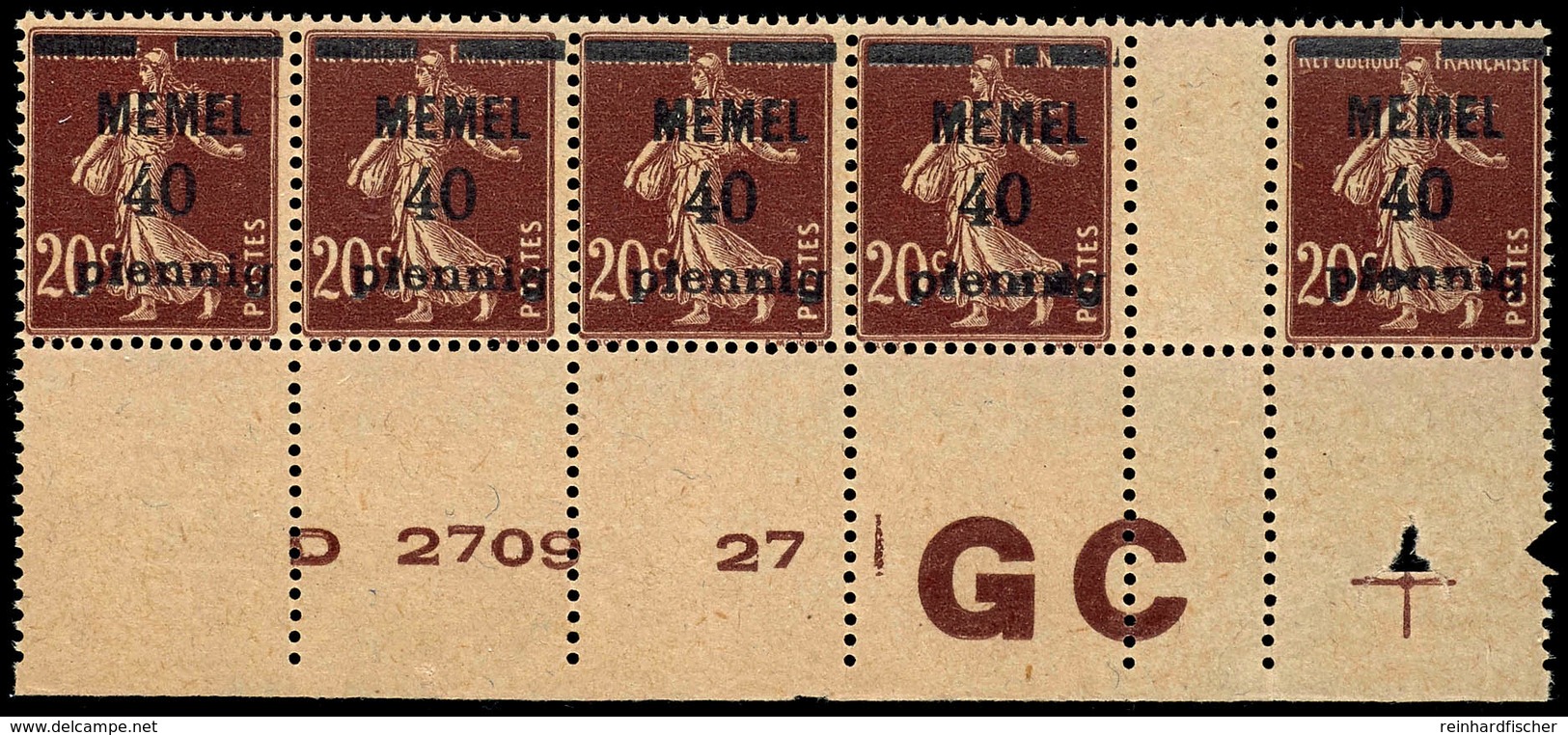 40 Pfennig Auf 20 C. Lilabraun, GC Papier, Postfrischer Waagerechter Streifen Vom Unterrand Mit Druckdatum "N 1303 9" So - Memelland 1923