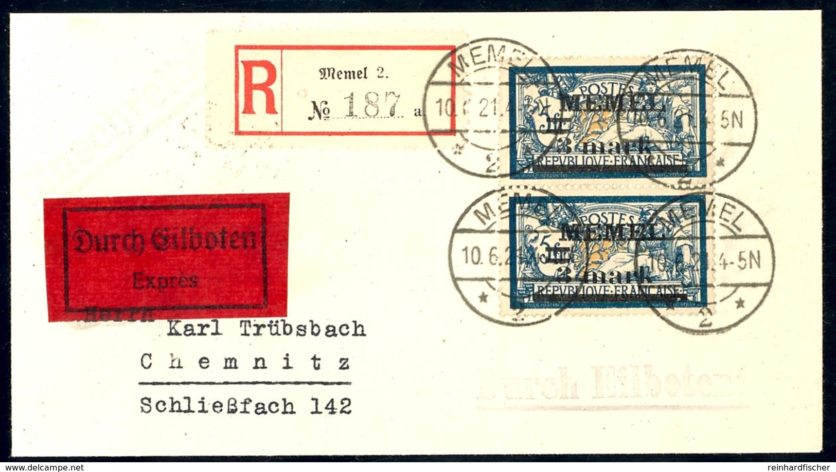 3 Mark Auf 5 Francs,  Senkrechtes Paar Auf Eilboten-Brief Nach Chemnitz, Sog. Trübsbach-Brief, Katalog: 30(2) BF - Klaipeda 1923