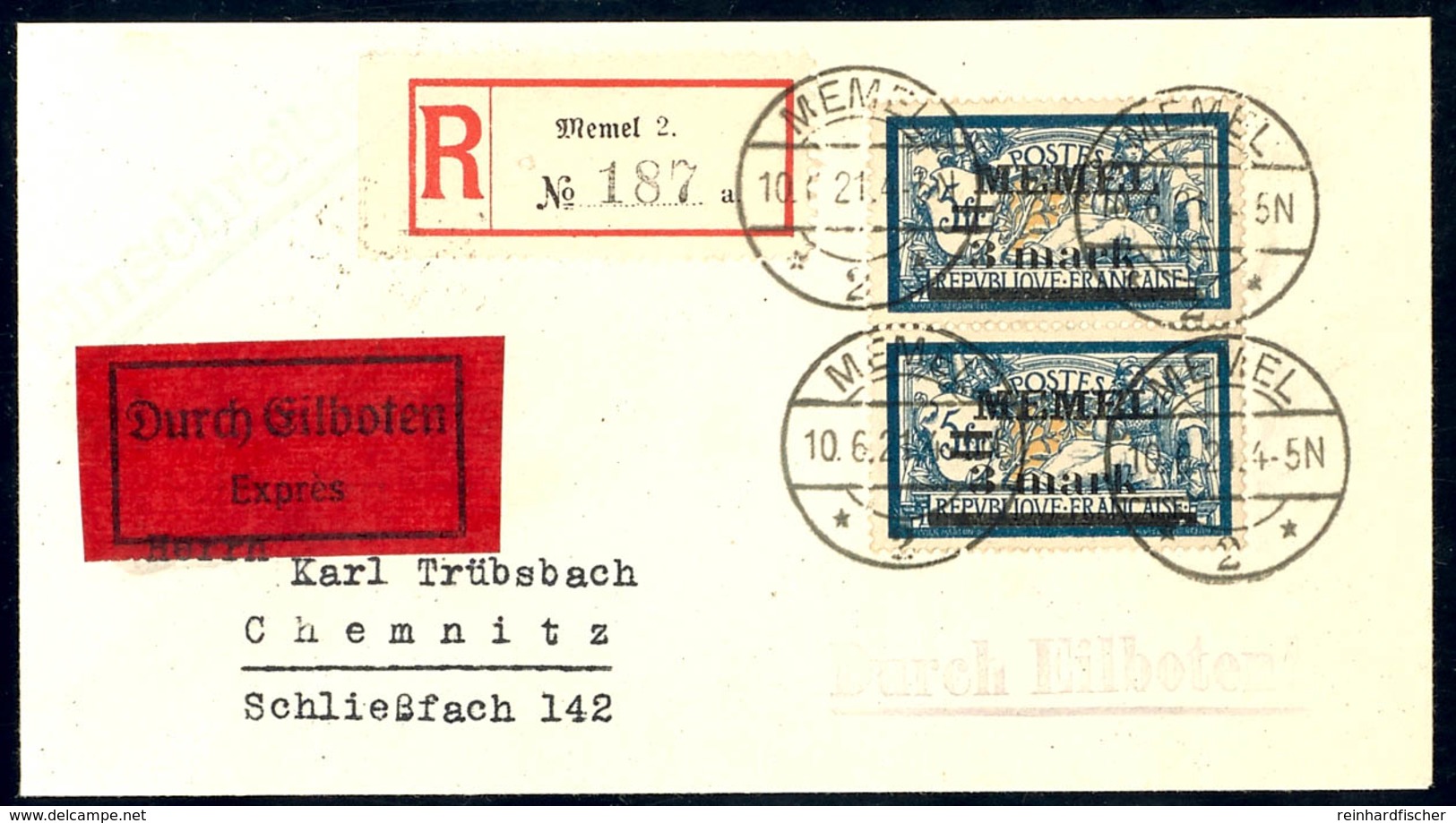 3 Mark Auf 5 Francs,  Senkrechtes Paar Auf Eilboten-Brief Nach Chemnitz, Sog. Trübsbach-Brief, Katalog: 30(2) BF - Memel (Klaïpeda) 1923