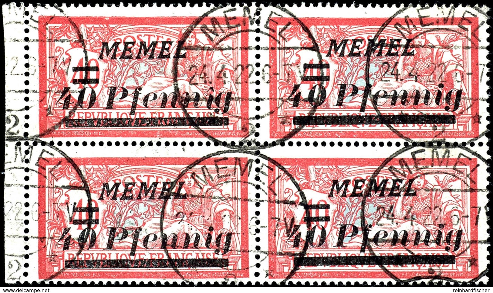 40 Pfennig Auf 40 Centimes, Zeitgerecht Gestempelter Rand-Viererblock (Rand Beschnitten), Linke Obere Marke Mit Aufdruck - Memel (Klaipeda) 1923