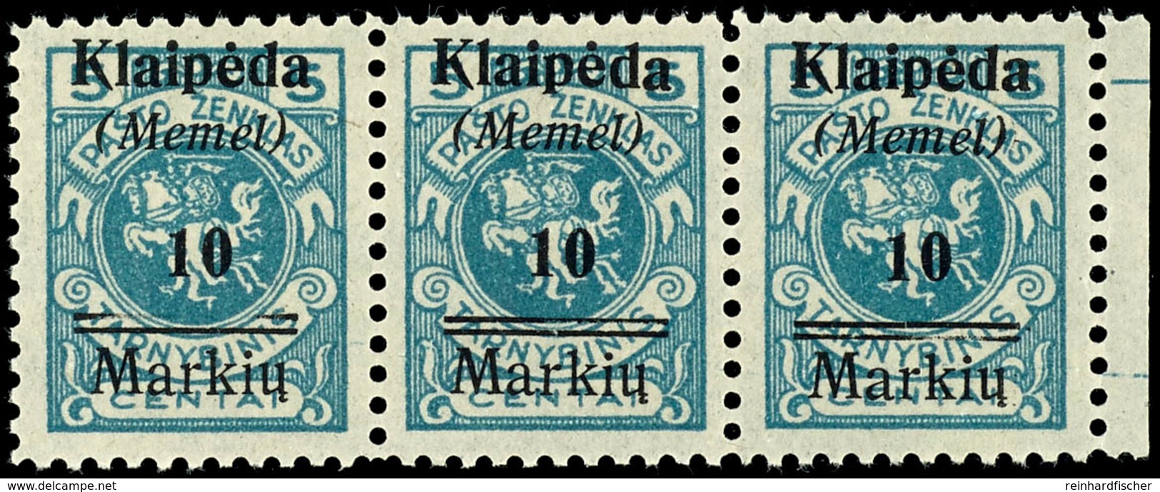 10 Markiu Auf 5 C., Postfrischer Waagerechter Dreierstreifen Vom Rechten Rand, Feld 48 Und Feld 50 Jeweils Mit Plattenfe - Memel (Klaipeda) 1923