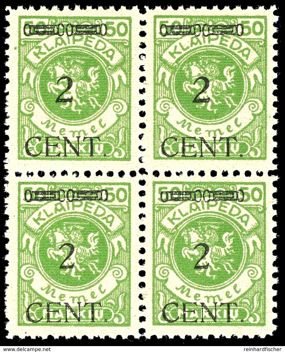 2 Cent. Auf 50 M., Postfrischer Viererblock Mit Plattenfehler "Waagerechter Strich", Viererblock Mit 2 X Typenpaar S1, P - Klaipeda 1923