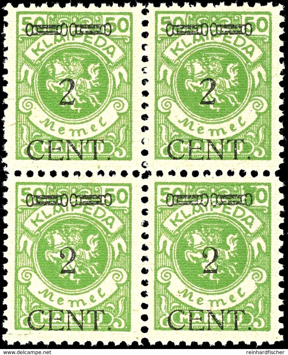 2 Cent. Auf 50 M., Postfrischer Viererblock Mit Plattenfehler "Farbklecks über 5", Viererblock Mit 2 X Typenpaar S2, Pla - Klaipeda 1923