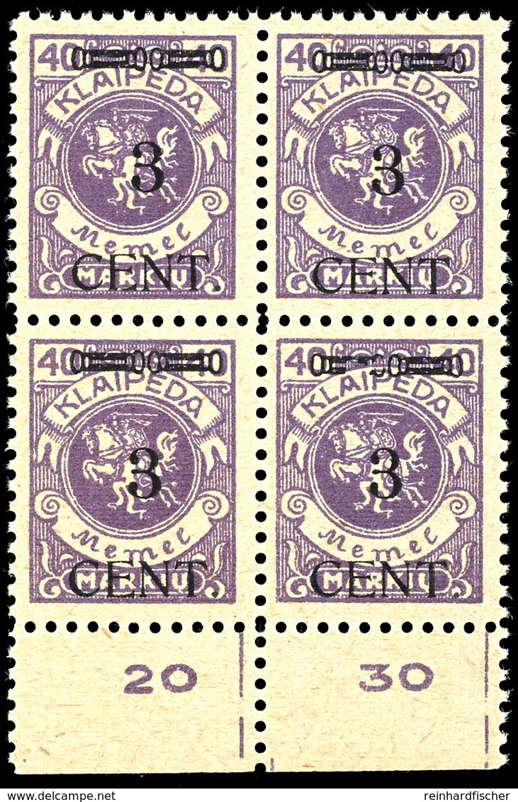 3 Cent. Auf 40 M., Postfrischer Viererblock Vom Unterrand Mit Aufdruckfehler "Zierbalken Verstümmelt", Bestens Geprüft K - Memel (Klaipeda) 1923