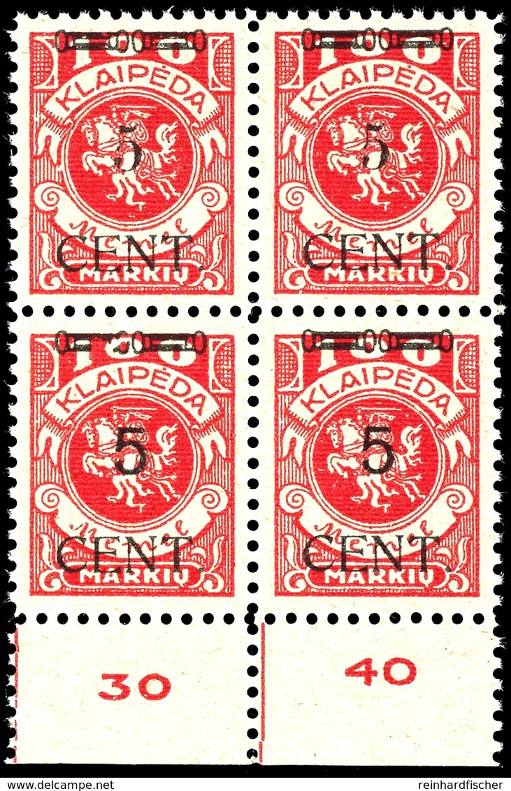 5 Cent. Auf 100 M., Postfrischer Viererblock Mit Aufdruckfehler "linker Zierbalken Ausgebrochen", Viererblock Mit 2 X Ty - Memel (Klaïpeda) 1923