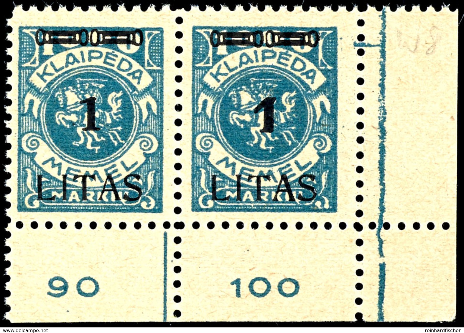 1 Litas Auf 1000 Mark, Postfrisches Waagerechtes Paar Aus Der Rechten Unteren Bogenecke, Type III/IV (2), Geprüft Klein  - Memel (Klaipeda) 1923