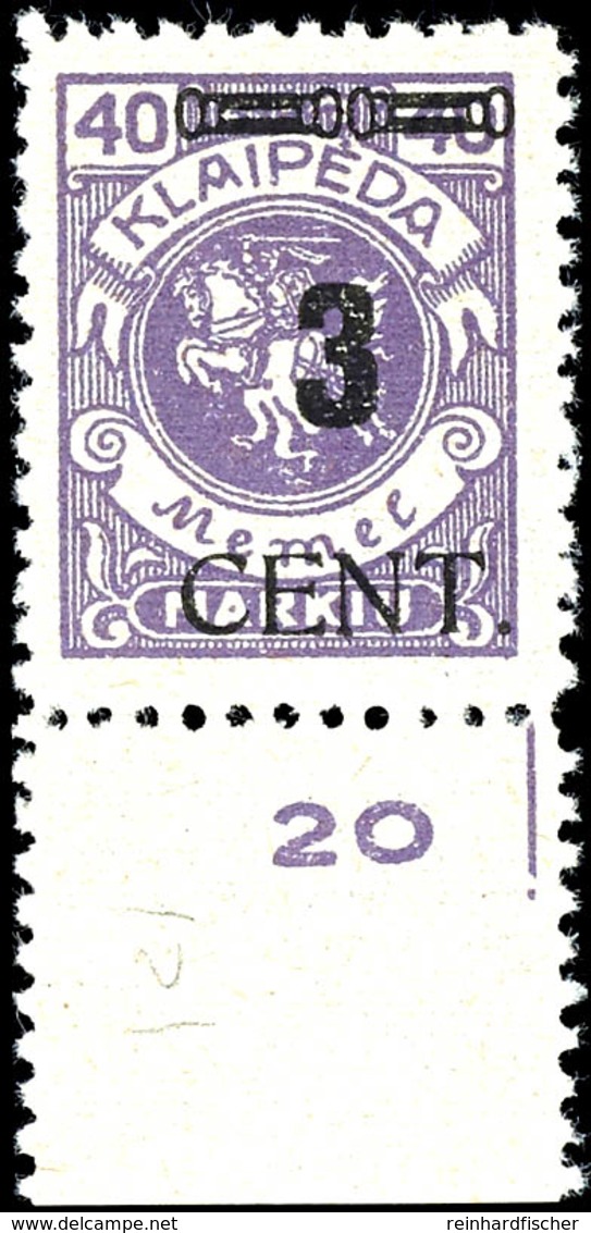 3 Cent. Auf 40 M., Postfrisch Vom Unterrand Mit Aufdruckfehler "Weiter Abstand", Bestens Geprüft Klein BPP, Mi.550,-, Ka - Memel (Klaipeda) 1923