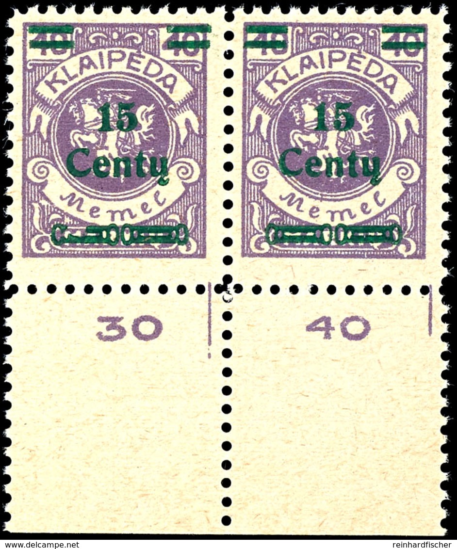 15 Centu Auf 40 M., Postfrisches Paar Vom Unterrand, Linke Marke Mit Aufdruckfehler "stark Gebrochener Zierbalken", Kurz - Memel (Klaipeda) 1923