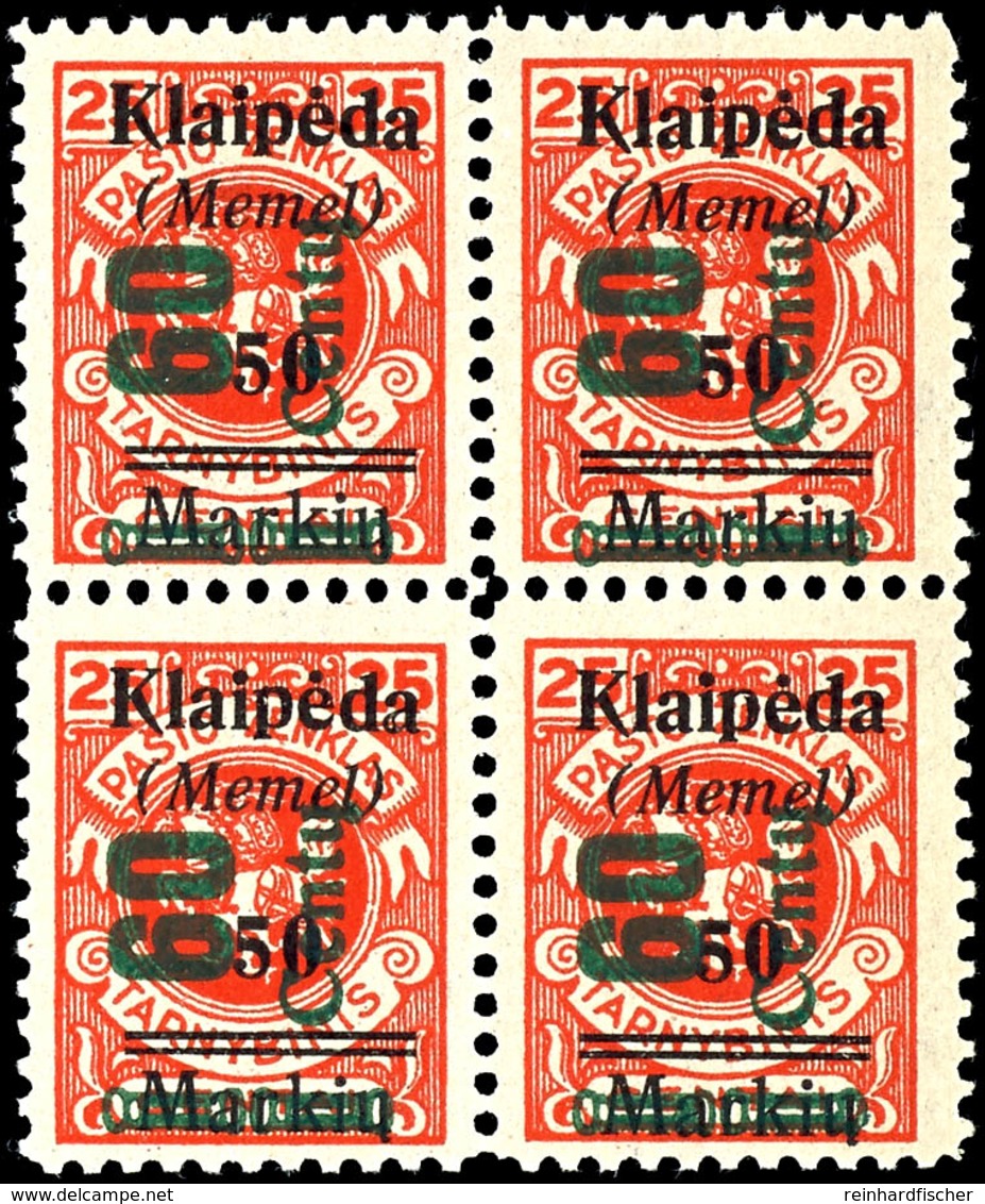 60 Centu Auf 50 M. Auf 25 C.., Postfrischer Viererblock, Linke Obere Marke In Type I, Alle Anderen Type III, Kurzbefund  - Memel (Klaipeda) 1923