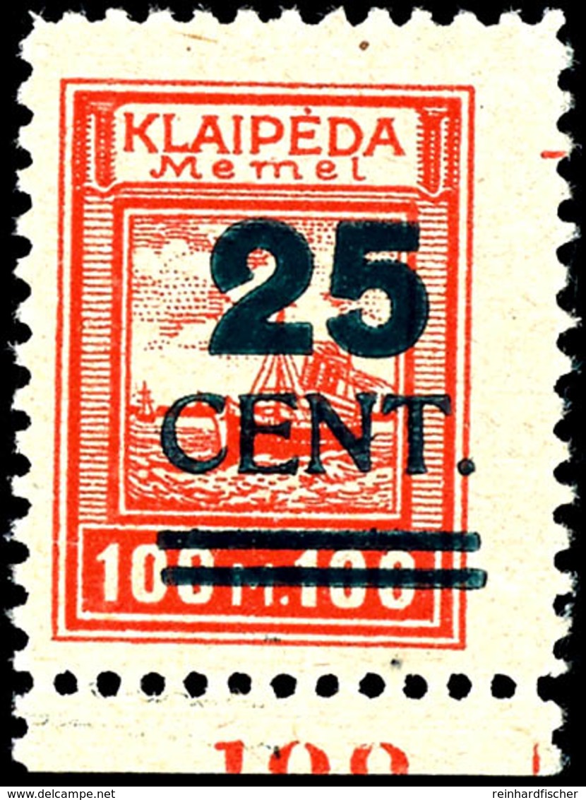 25 Cent. Auf 100 M. Grünaufdruck, Postfrisch Vom Unterrand In Type II, Fotoattest Huylmans BPP "echt, Rückseitig Oben Re - Memel (Klaipeda) 1923