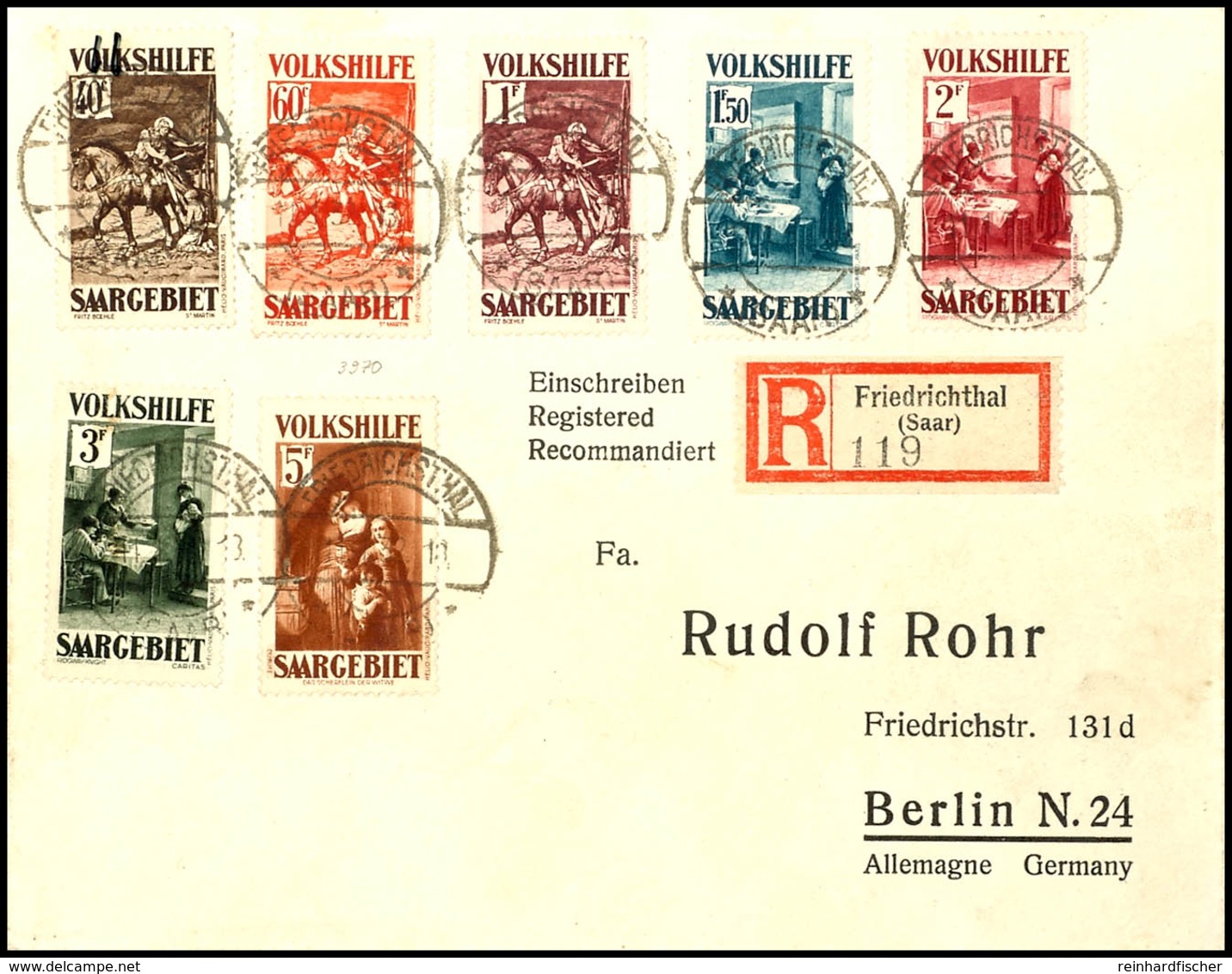 40 C. Bis 5 Fr. Volkshilfe 1931, Kompletter Satz Auf R-Brief Von "Friedrichsthal * (Saar) * 11.1.32" Nach Berlin Mit Ank - Sonstige & Ohne Zuordnung