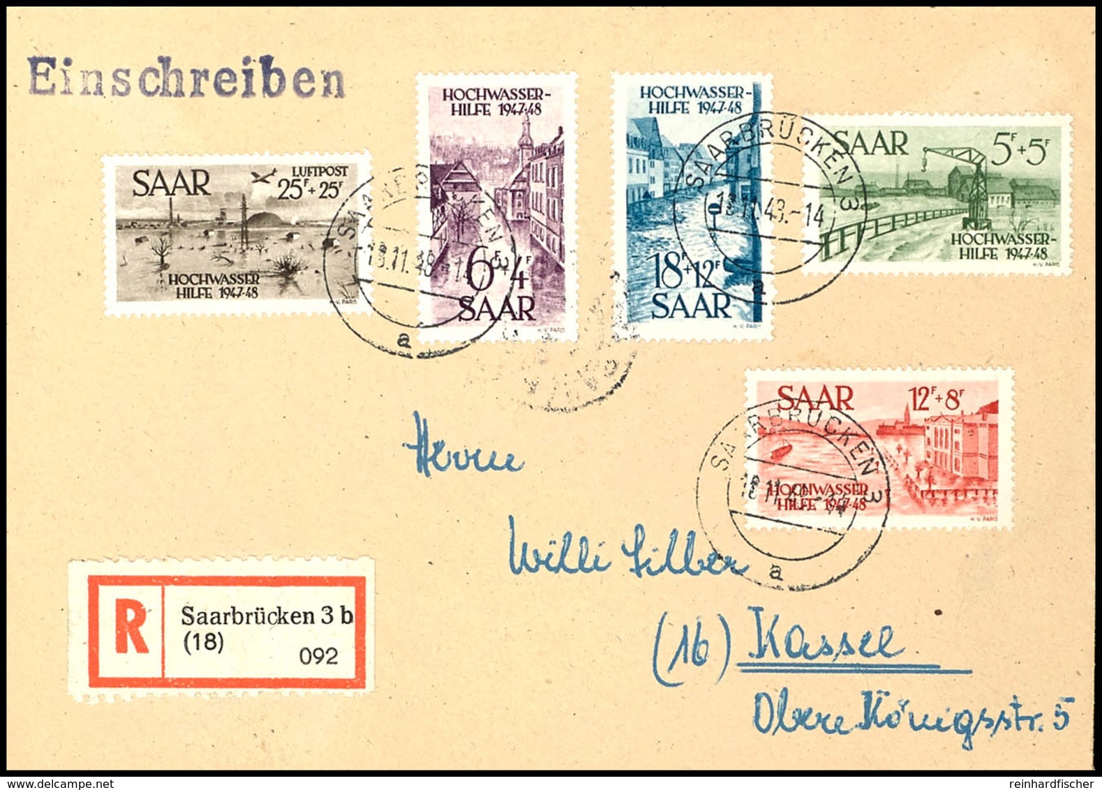 5 Bis 25 Fr. Hochwasserhilfe, 5 Werte Kpl. Auf überfrankiertem R-Brief Von SAARBRÜCKEN 16.11.48 Nach Kassel Mit Ank.stpl - Other & Unclassified