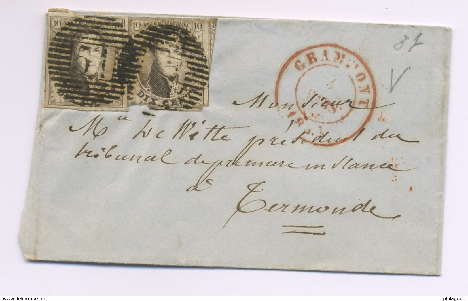 10c X 2  Sur Lettre.  GRAMMONT 1854 - 1851-1857 Medallions (6/8)