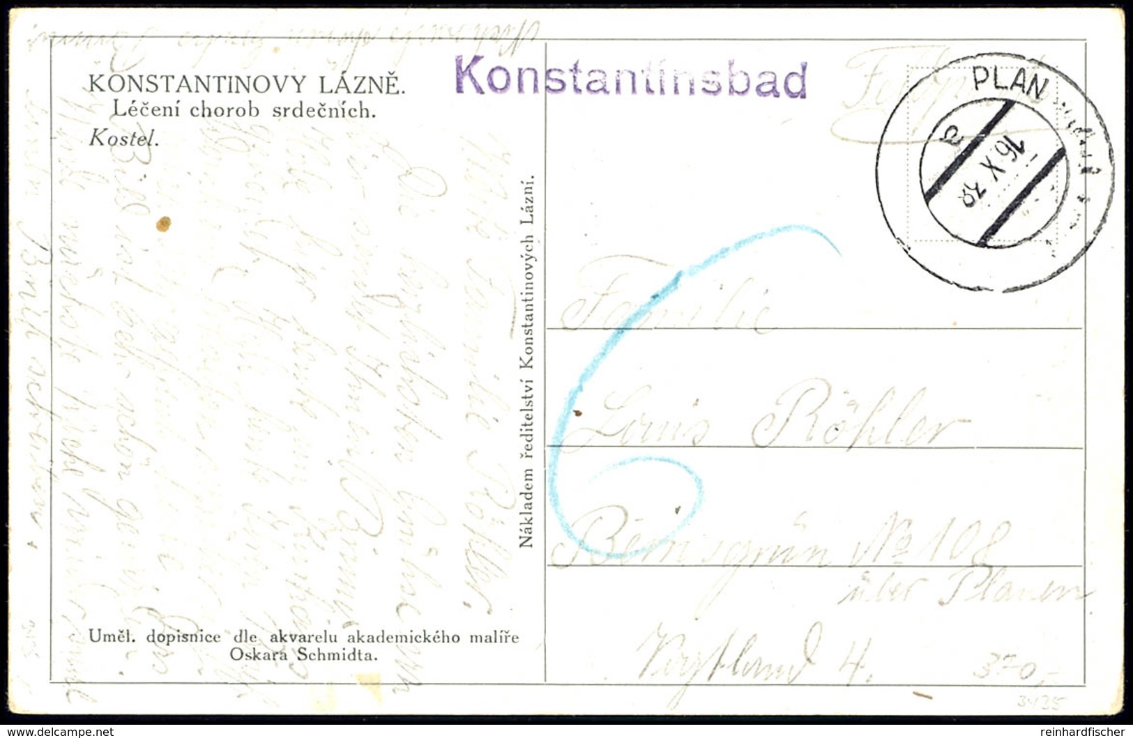1938, Unfrankierte Kolorierte Ansichtskarte Mit Violettem L1 "Konstantinsbad" Und Aptiertem K2 "PLAN 16.X.38" Nach Berns - Sonstige & Ohne Zuordnung