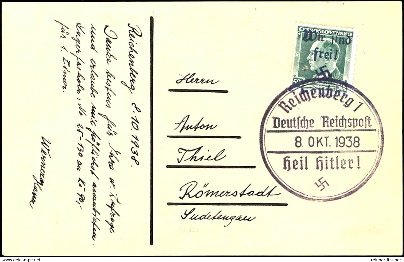 50 H. Benes Auf Ansichtskarte Mit Sonderstempel "REICHENBERG 1 8. OKT. 1938" Nach Römerstadt, Tadellos, Auflage Nur 1.50 - Altri & Non Classificati