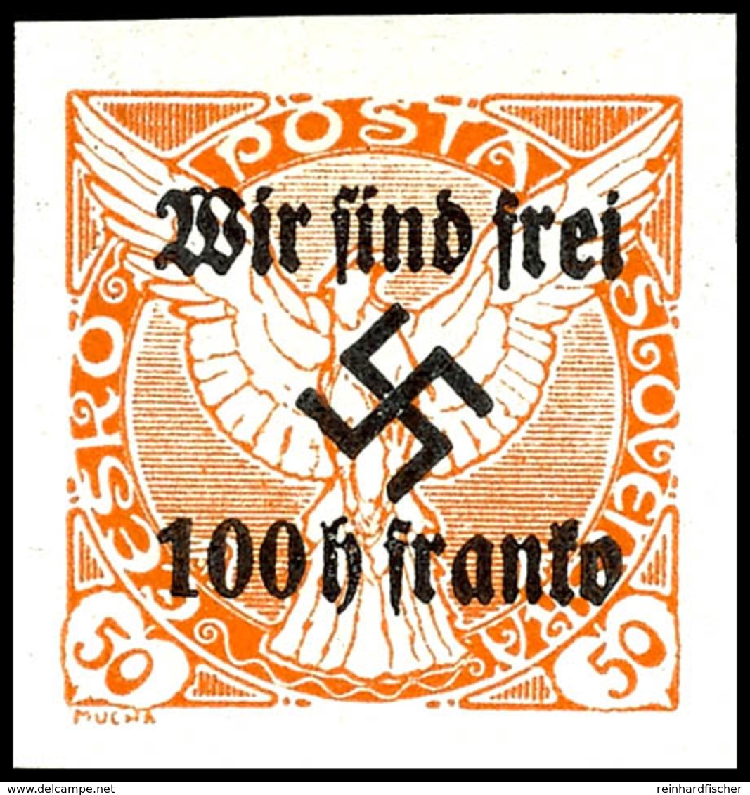 100 Heller Auf 50 Heller Zeitungsmarke Mit Aufdruck "Wir Sind Frei! + Hakenkreuz", Tadellos Ungebraucht, Geringe Auflage - Autres & Non Classés