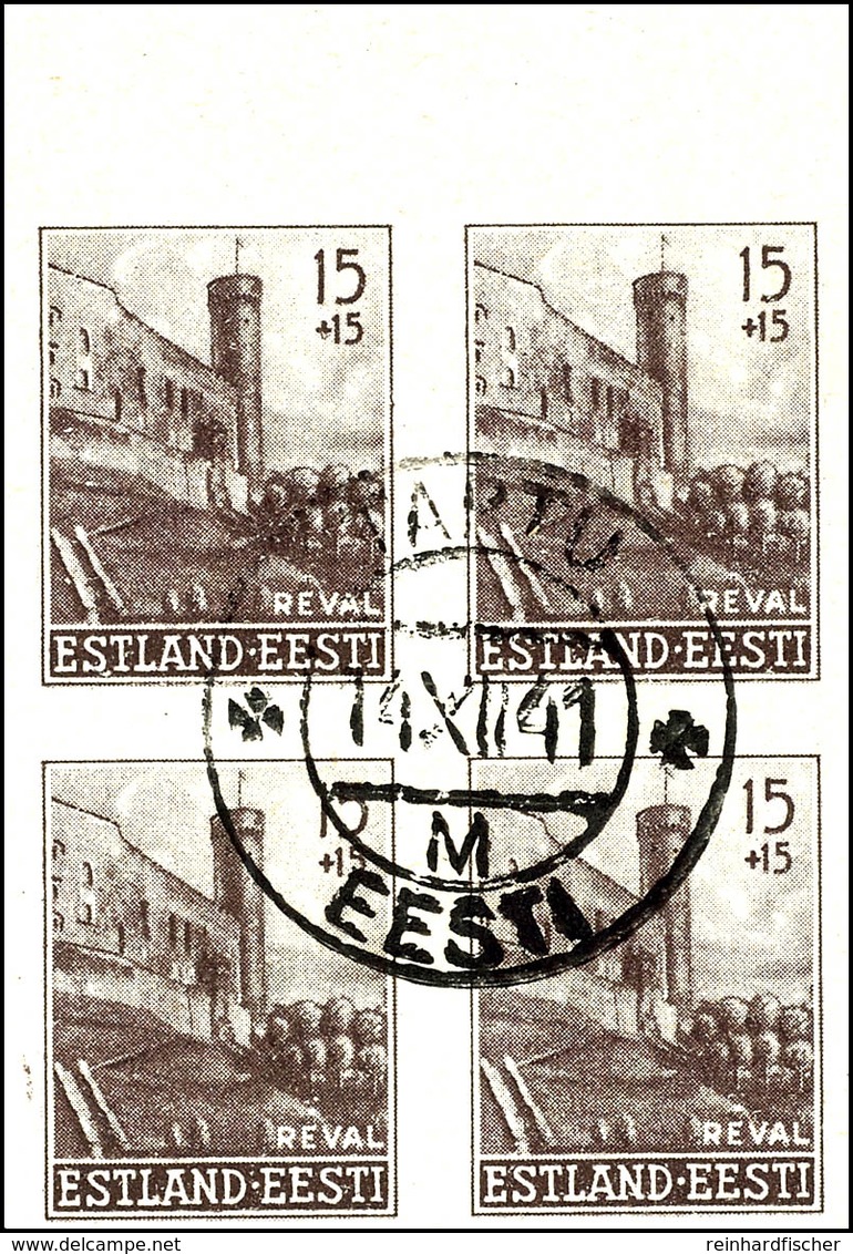 15 + 15 K. Wiederaufbau Ungezähnt Mit Abart "Unterdruck Rückseitig", 4er-Block Mit Oberrand, Zentrisch Gestempelt "TALLN - Sonstige & Ohne Zuordnung