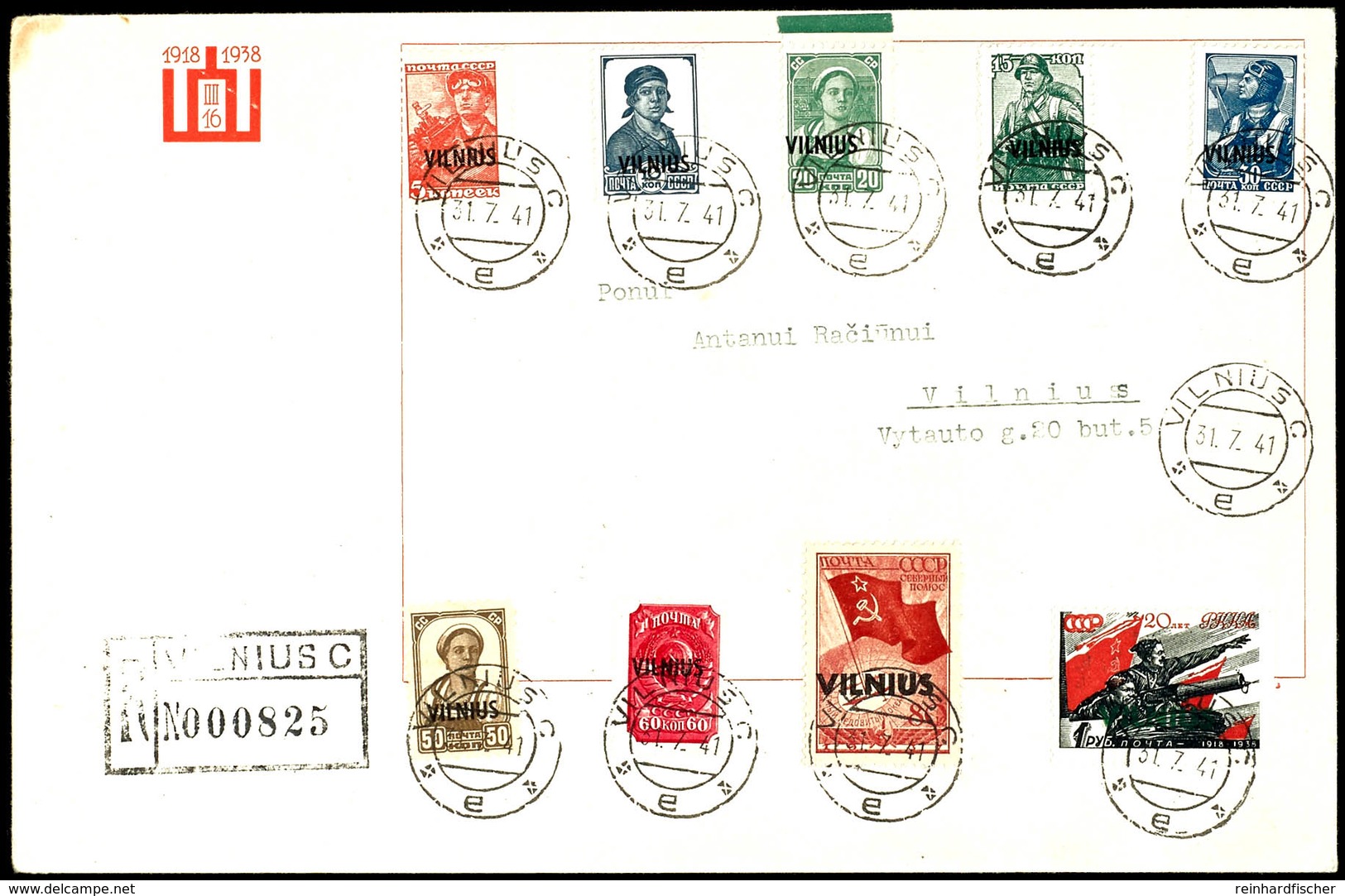 5 K. - 1 R. Mit Ersttagsstempel "WILNIUS 31.7.41" Auf Postalisch Vermutlich Nicht Befördertem Beleg Mit Ank.-Stempel, 5  - Other & Unclassified