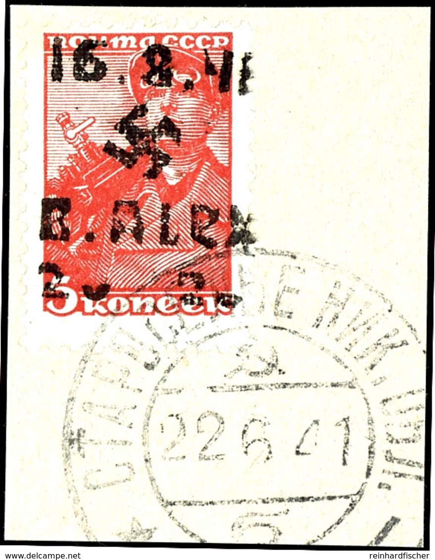 2 Rbl. A. 5 Kop. Freimarke, Braunrot, Aufdruck In Type III Mit Kleinem Hakenkreuz, Gefälligkeitsgestempelt Mit Kyrillisc - Autres & Non Classés