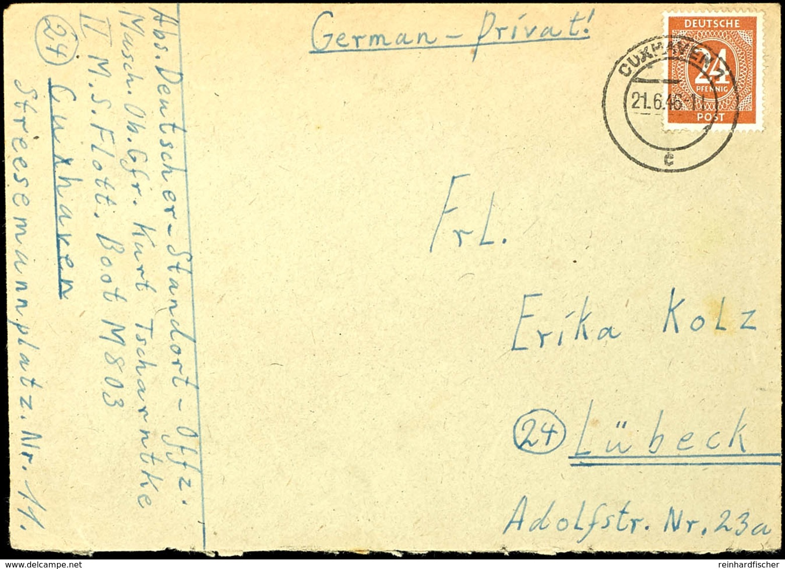 1946, Minenräumdienst, Mit 24 Pfg Frankierter Brief Mit Aufgabe-Stpl. CUXHAVEN 1 Vom 21.6.46 Von Einem Angehörigen Der M - Sonstige & Ohne Zuordnung