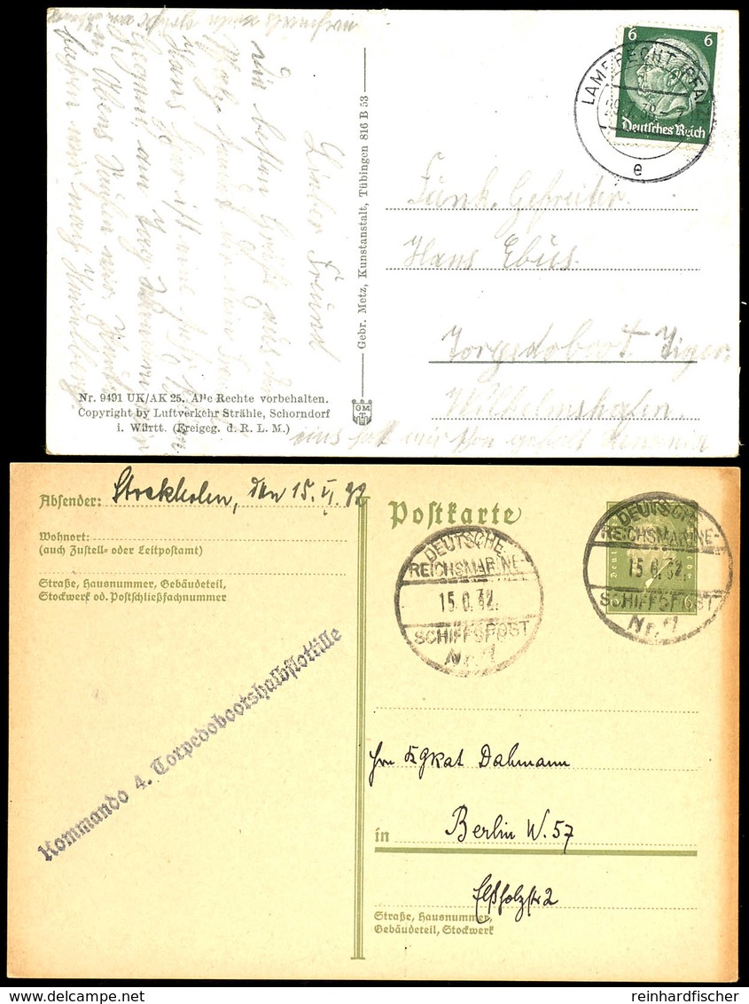 1932/38, Kriegsmarine, Postkarte Mit Wert-Stpl. 6 Pf Ebert Sowie Mit Absender-Stpl. "Kommando 4. Torpedobootshalbflottil - Autres & Non Classés